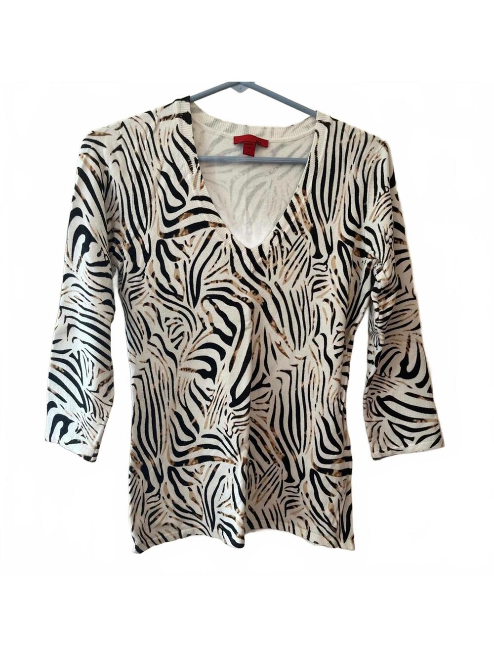 Zebra Print V Neck Sweater Animal Print Long Sleeve Knit Women Casual Trendy